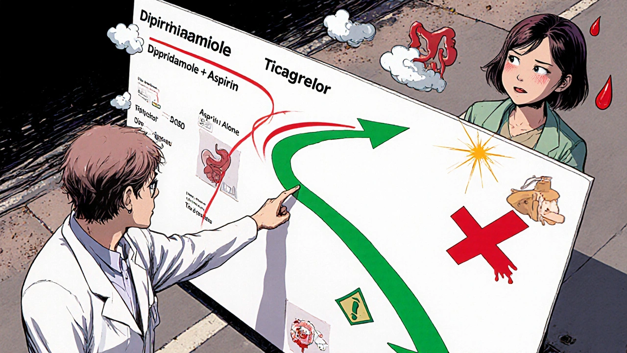 A doctor shows three treatment pathways on a chart, with a patient choosing the safest option.