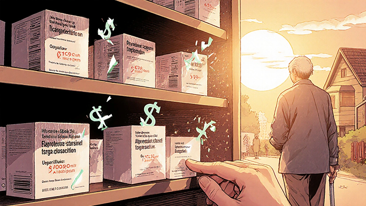 An affordable dipyridamole-aspirin pill glows on a pharmacy shelf beside pricier alternatives.