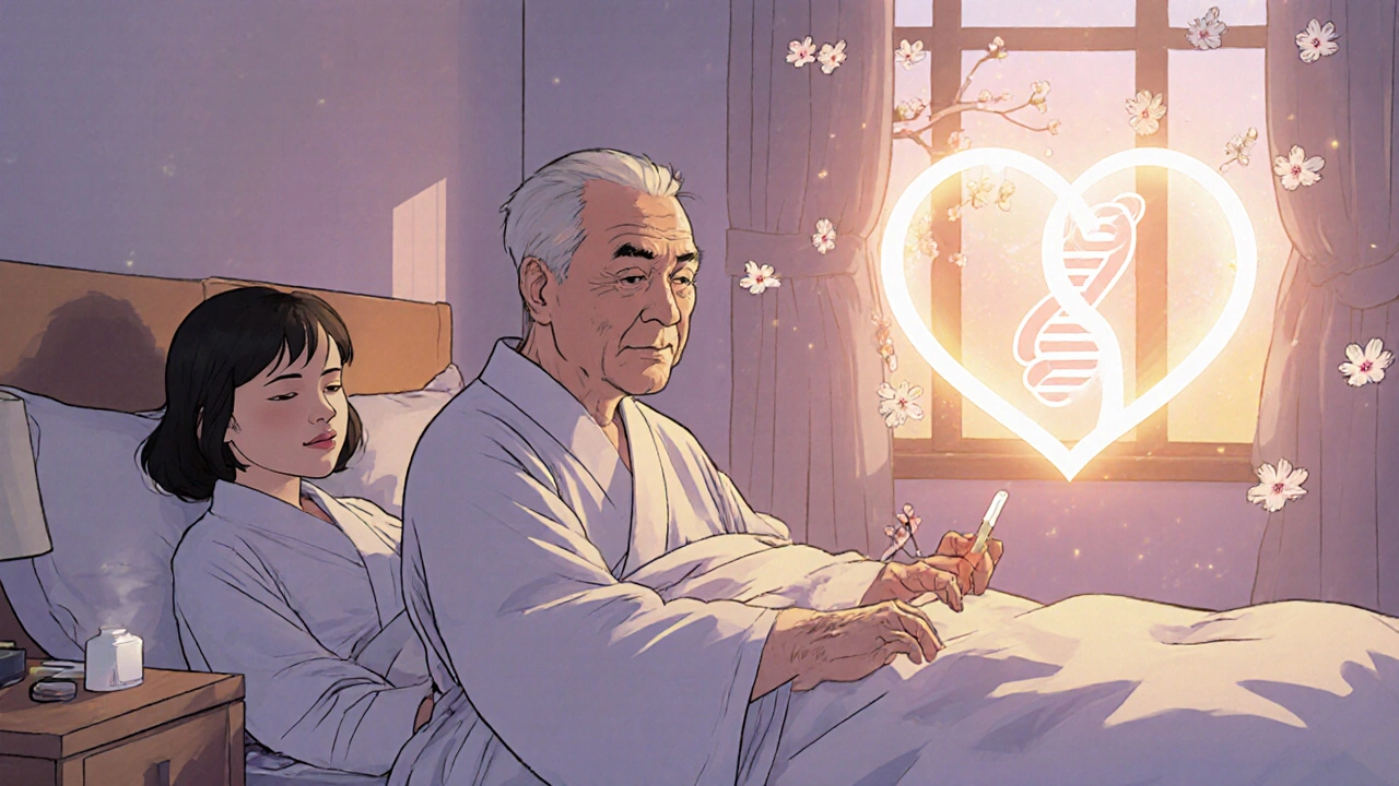 An elderly man taking daily Tadora at sunrise, with symbols of ED and BPH healing beside him.