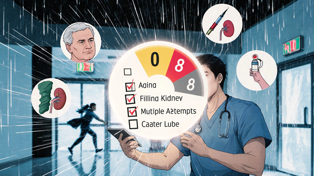 Clinician checking risk-score checklist with icons for age, kidney failure, and multiple needle attempts.