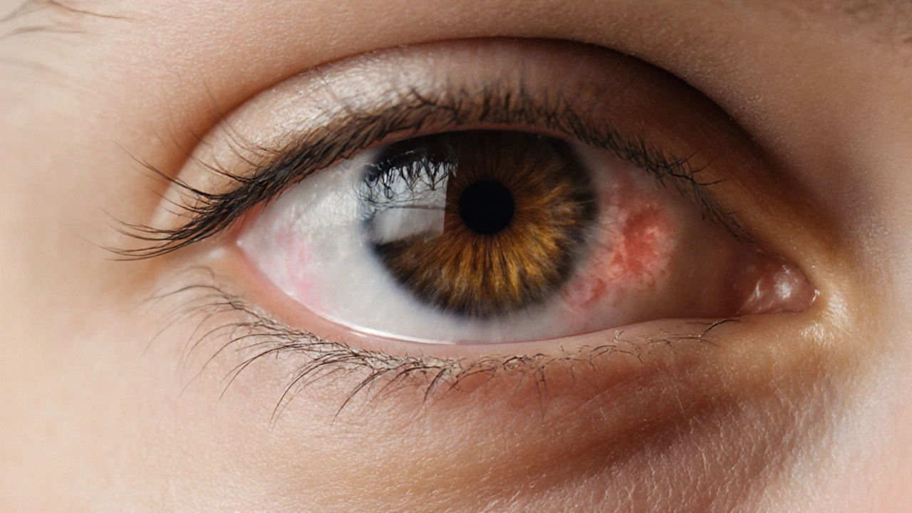 Close‑up of an eye showing swollen optic disc and dry cornea, indicating papilledema.