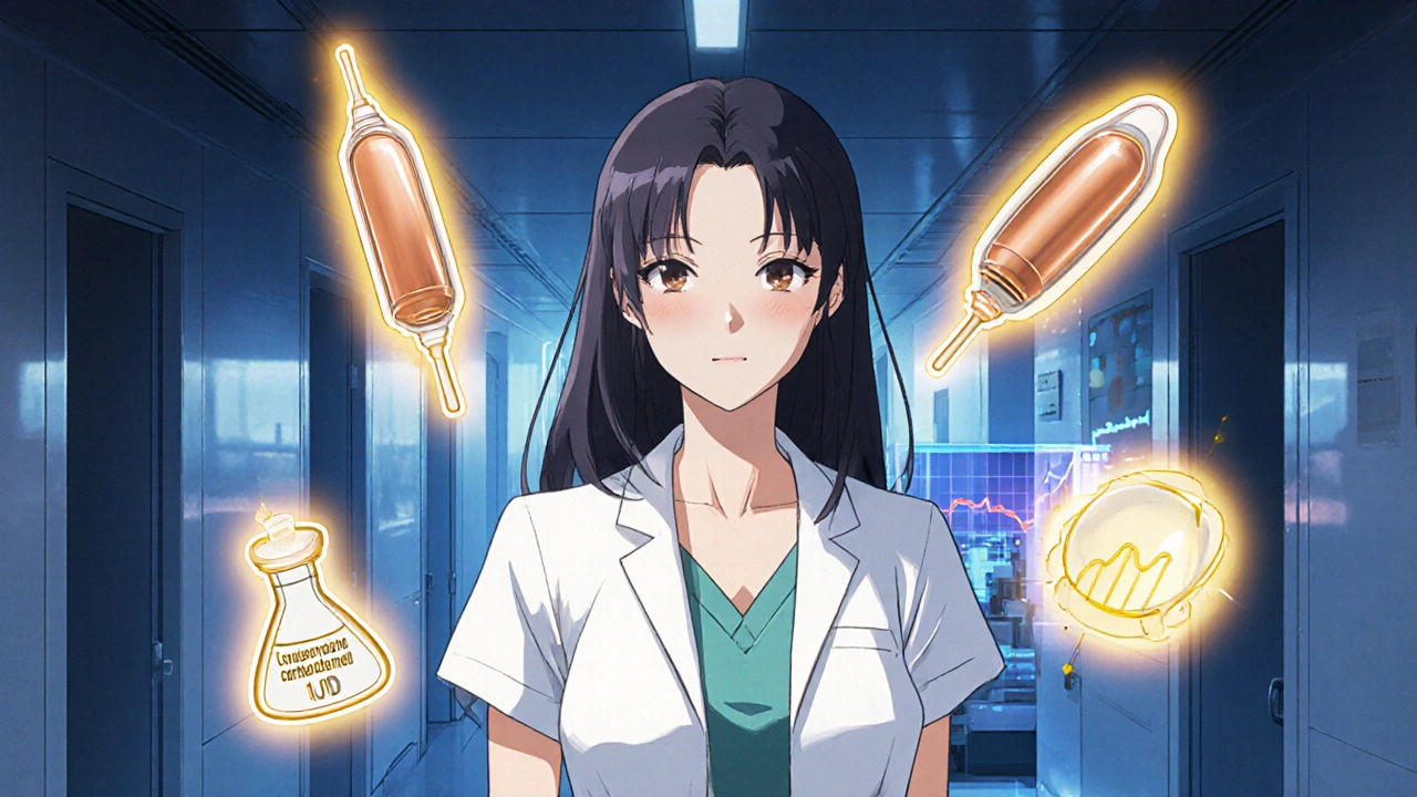Confident woman surrounded by glowing IUD and implant icons, with futuristic lab background.
