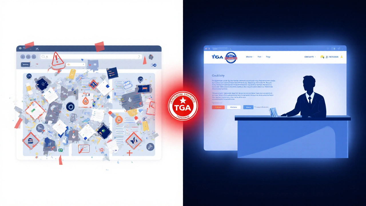 Contrast of unsafe glitchy pharmacy site and clean, reputable pharmacy with pharmacist silhouette.