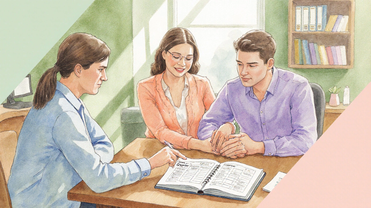 Couple and therapist reviewing a shared journal in a sunny, warm office.