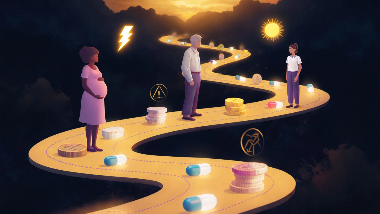 Digital art of a pregnant woman, senior man, and teen girl choosing medication paths.