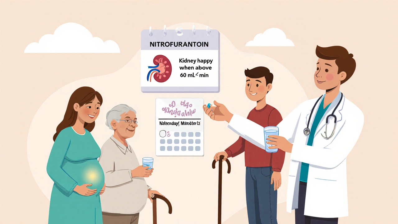 Doctor advising family on nitrofurantoin use, showing kidney health and 5‑day plan.