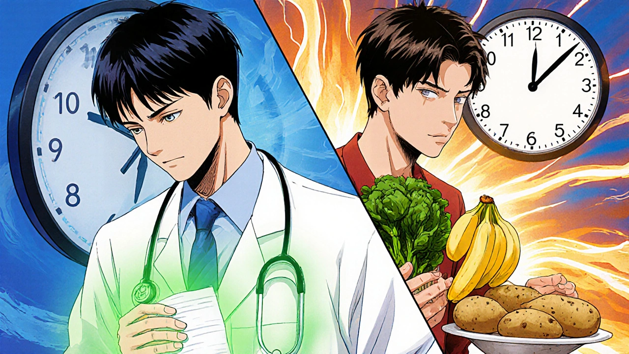 Doctor prescribing heart-protecting meds and patient eating potassium-rich foods under glowing light