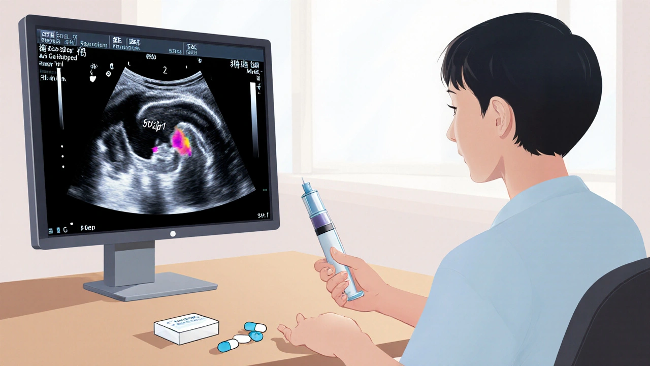 Doctor reviewing ultrasound of gallbladder while patient holds stopped GLP-1 injector and alternative meds.