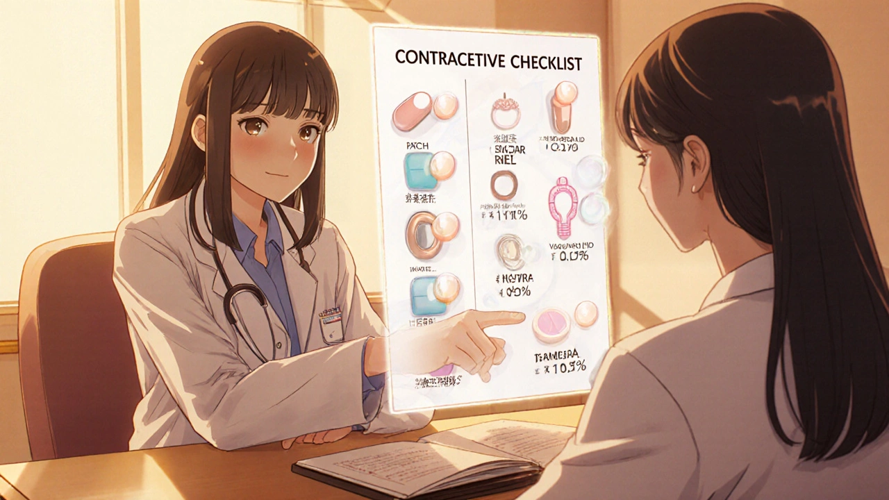 Doctor showing patient a holographic checklist of contraceptive methods with risk percentages.