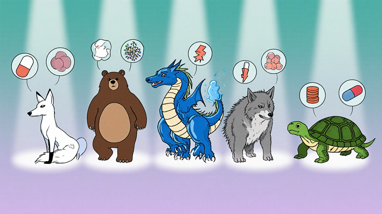 Five animal characters represent different antibiotics with related bacterial and dosage symbols.