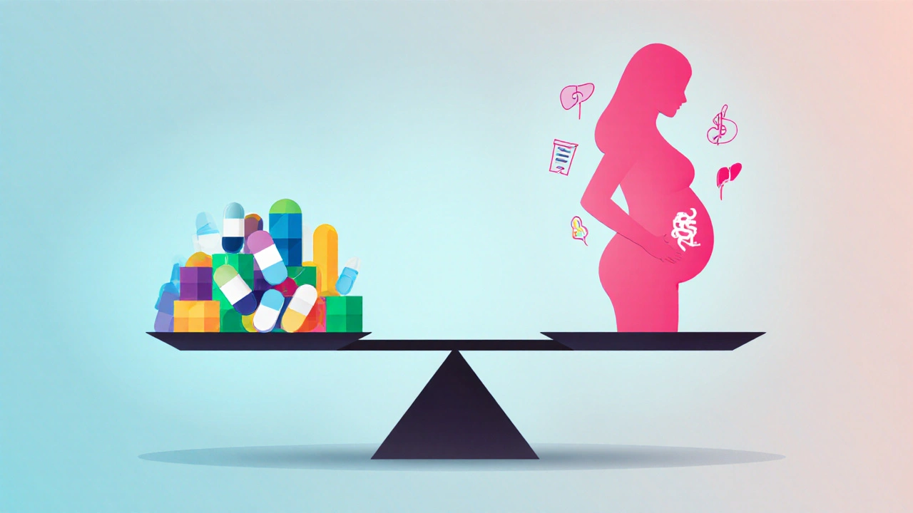Flat vector balance scale with pills on one side and a pregnant silhouette with health icons on the other.