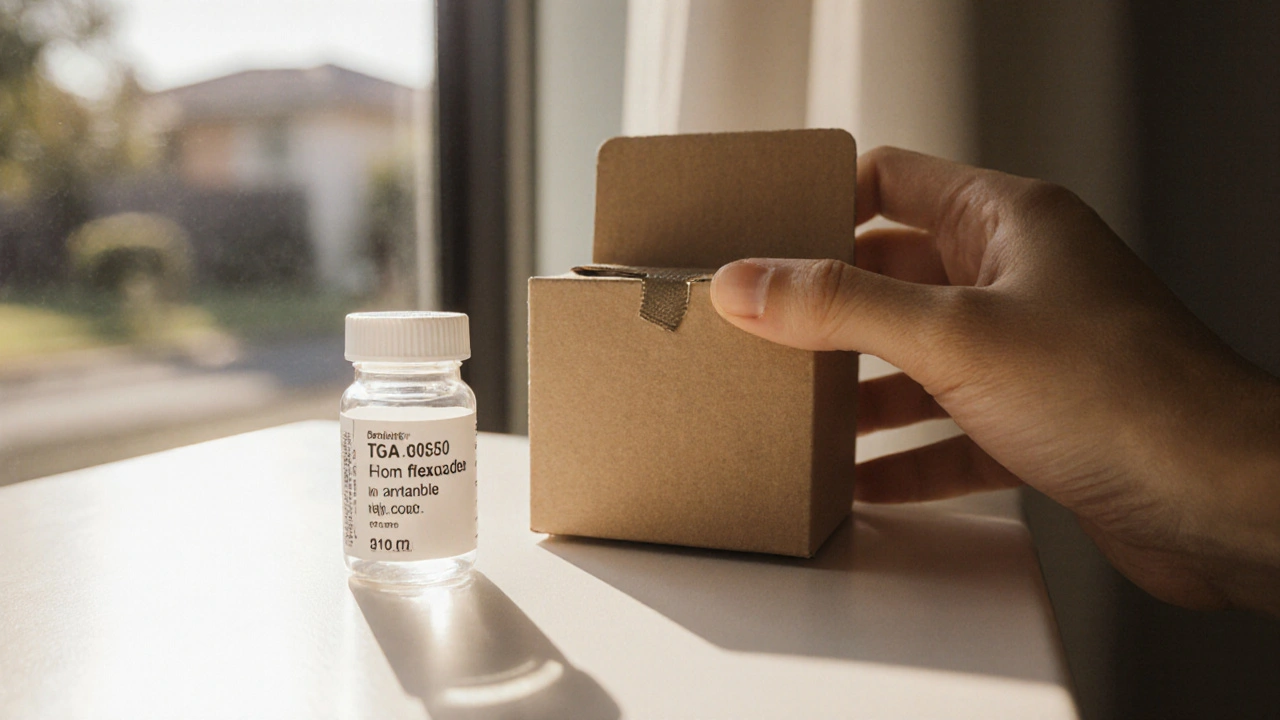 Hand opening a discreet box showing a pill bottle with TGA seal and batch code.