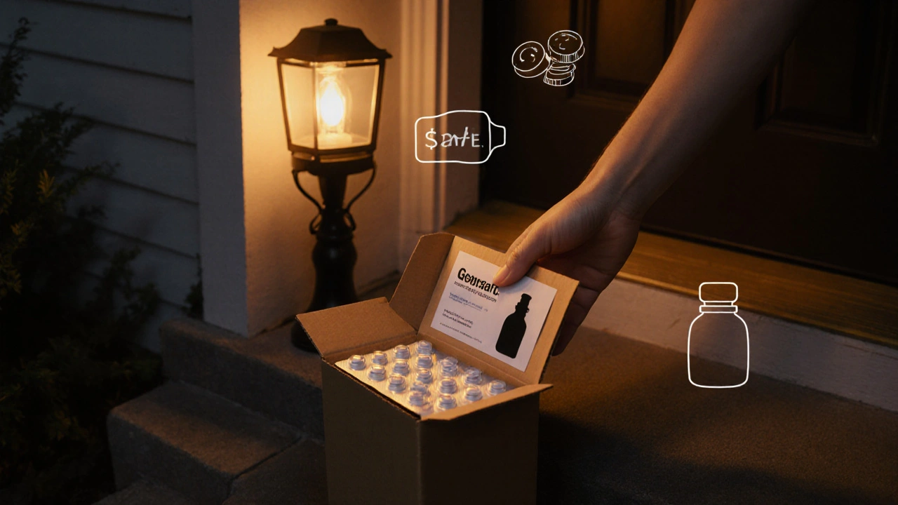 Hand receiving a parcel with generic contraceptive pills at a doorstep.