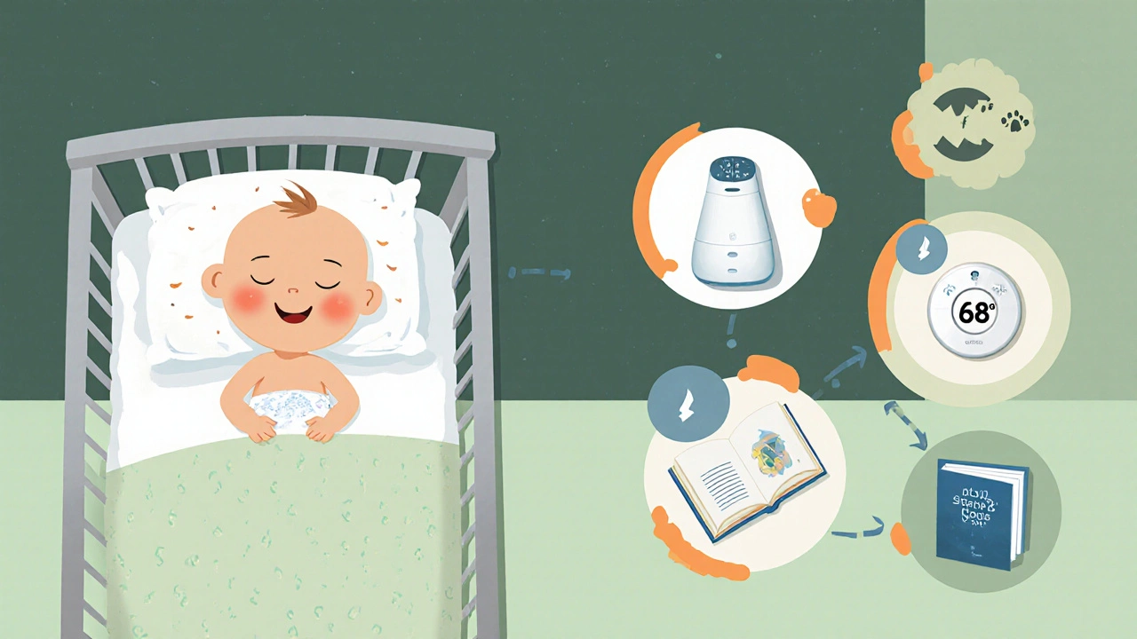 Happy baby sleeping peacefully with breathable diaper, white‑noise machine, and cool room.