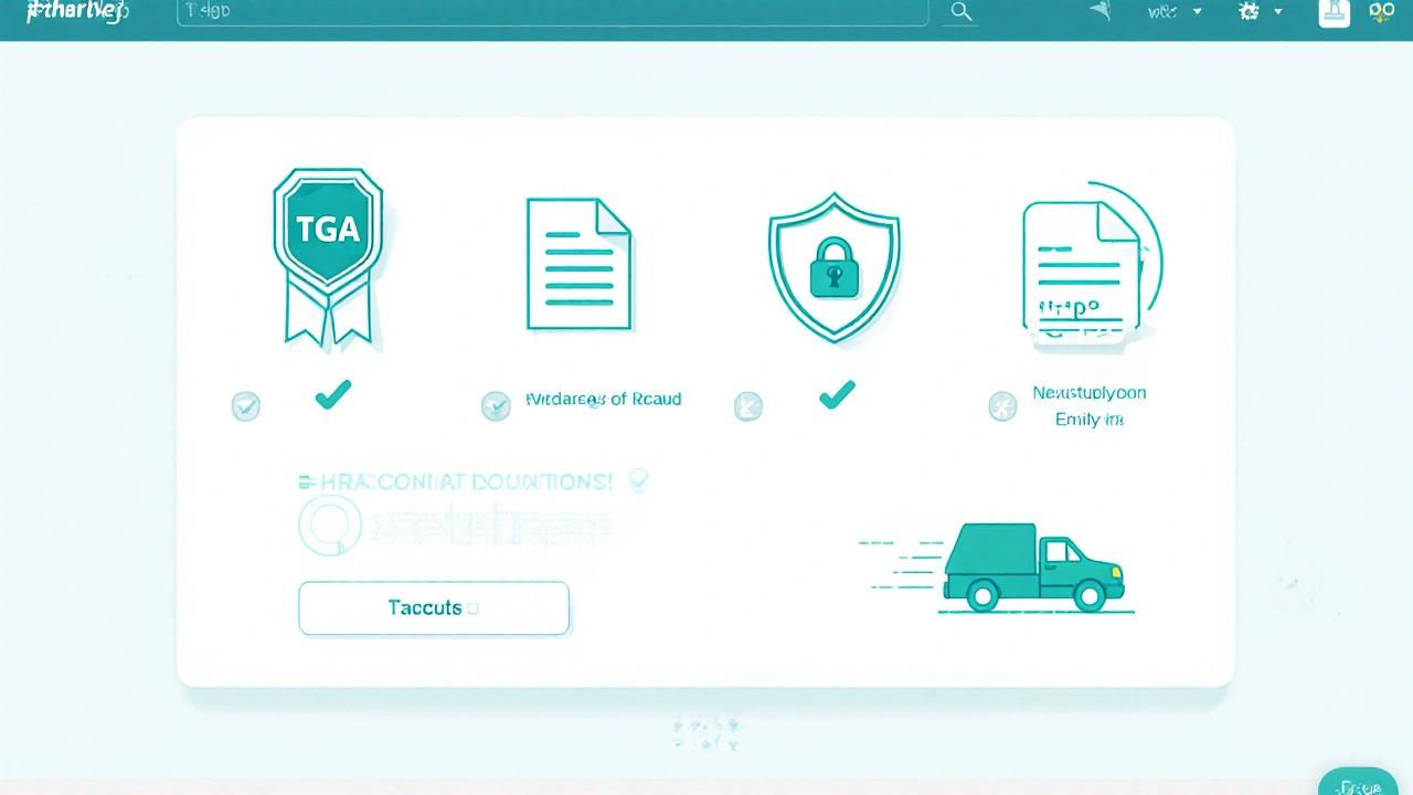 Icon checklist showing TGA badge, security lock, prescription upload, delivery, and sealed pill pack.