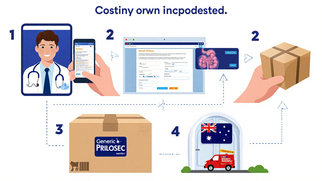 Illustrated steps: telehealth, upload prescription, select dosage, package, delivery.
