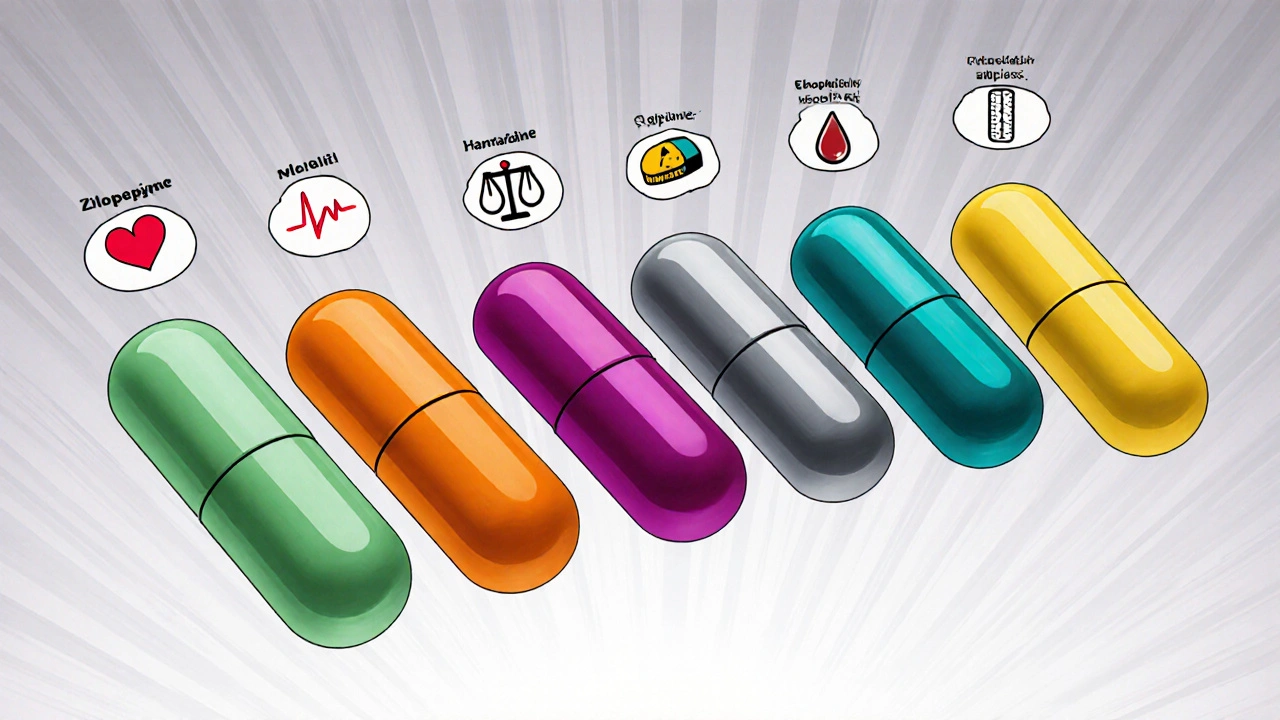 Line of medication capsules with icons representing side‑effect risks.
