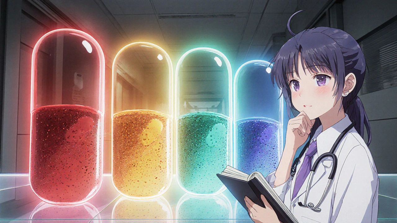 Lineup of five steroid tablets with colored glows, highlighted by a student.
