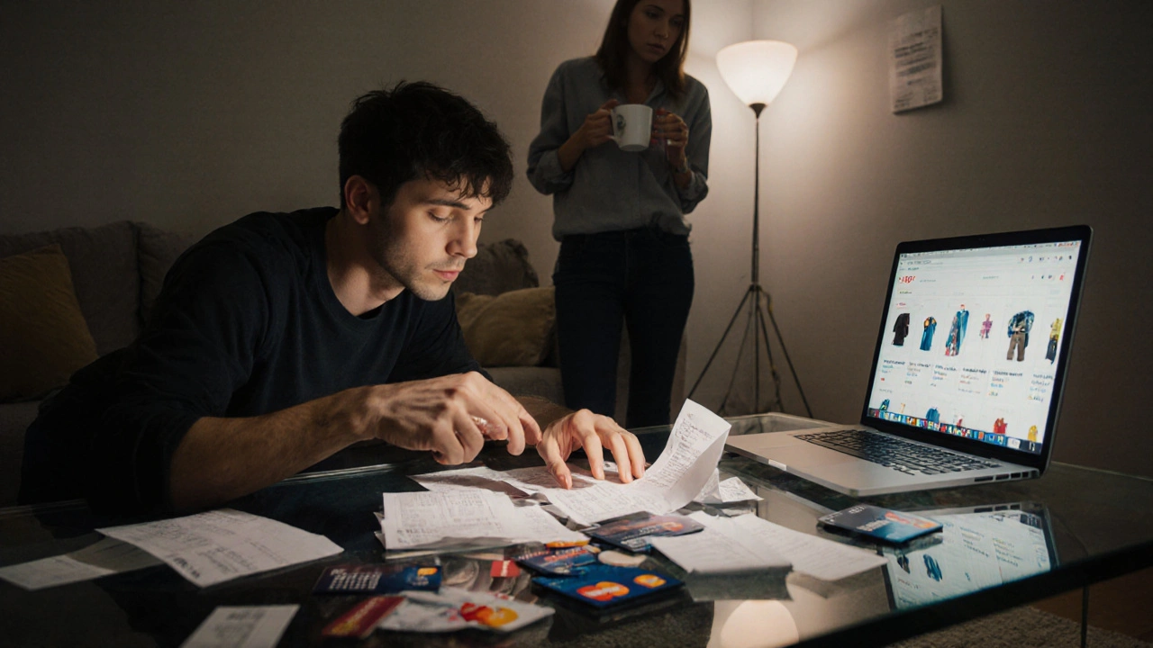 Manic partner surrounded by credit cards and receipts, other partner looks concerned in a living room.