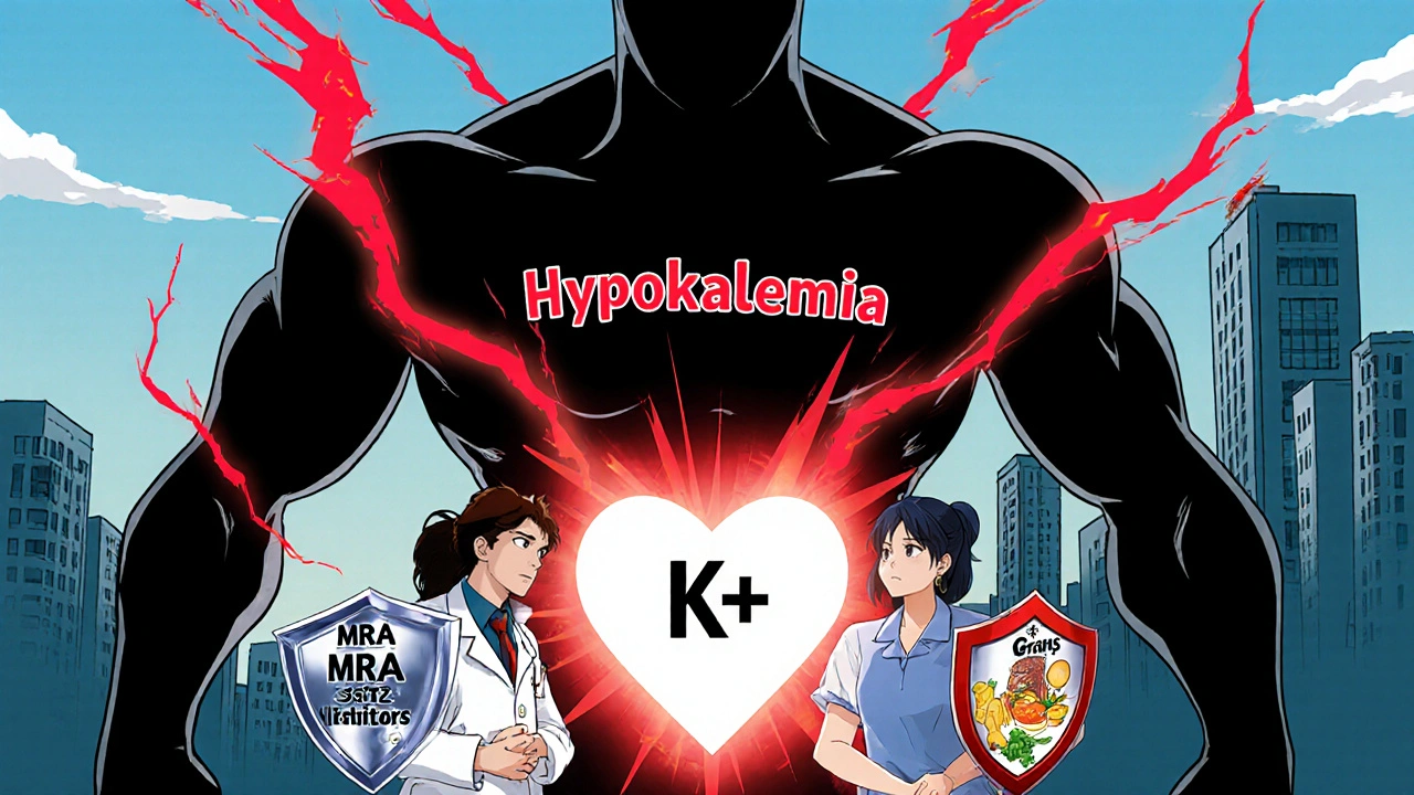 Medical heroes fighting hypokalemia with meds and food, heart glowing safely in background