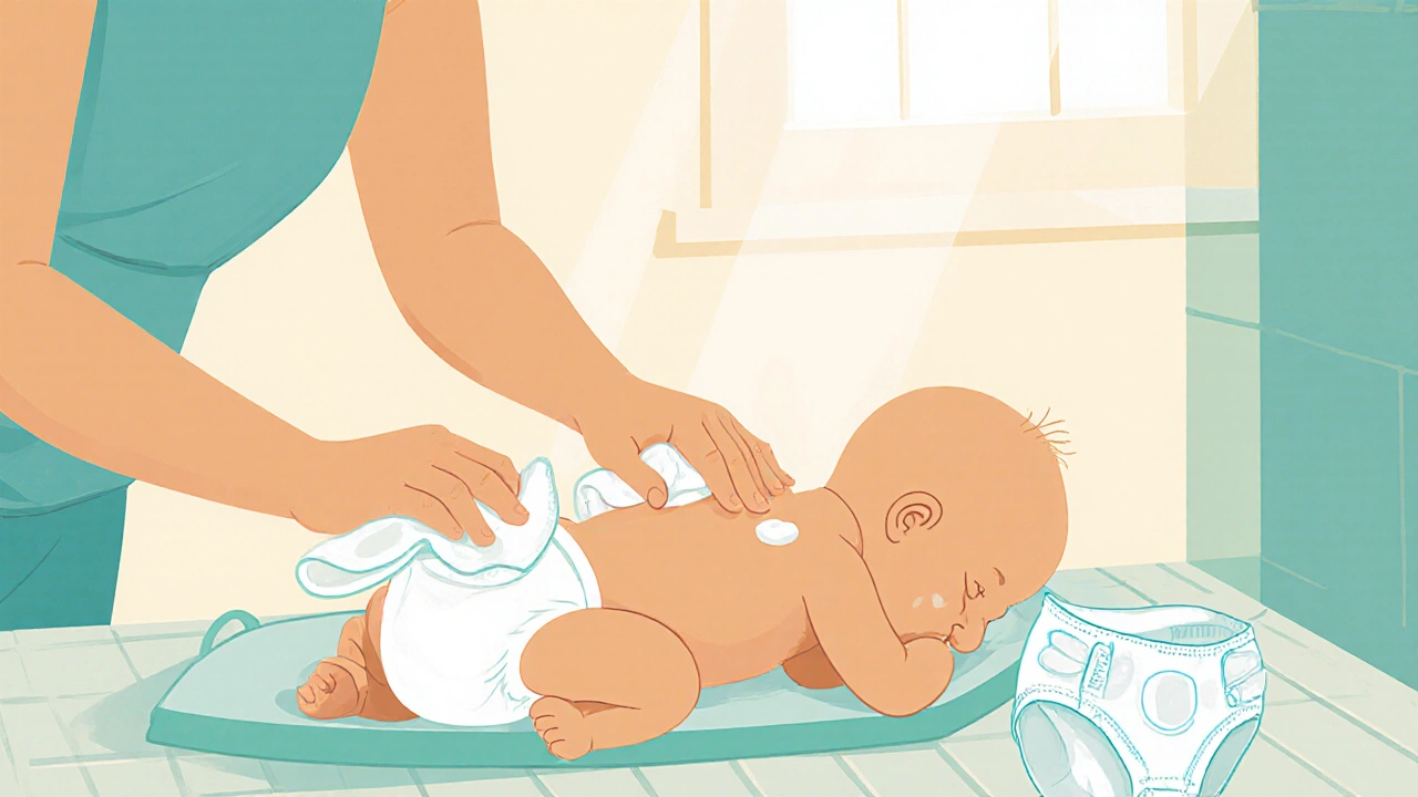 Parent changing diaper, patting dry skin and applying barrier cream in a bright bathroom.