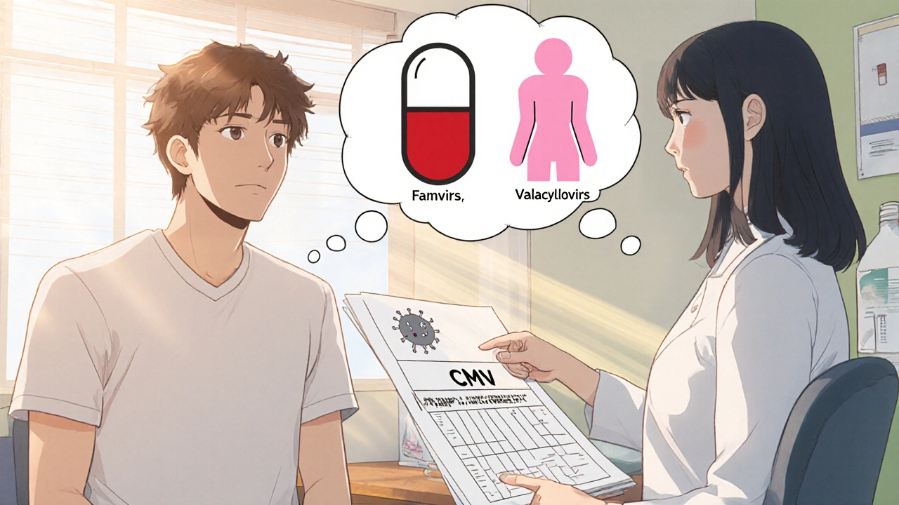 Patient and doctor discussing treatment options with thought bubbles showing different infections and drug icons.