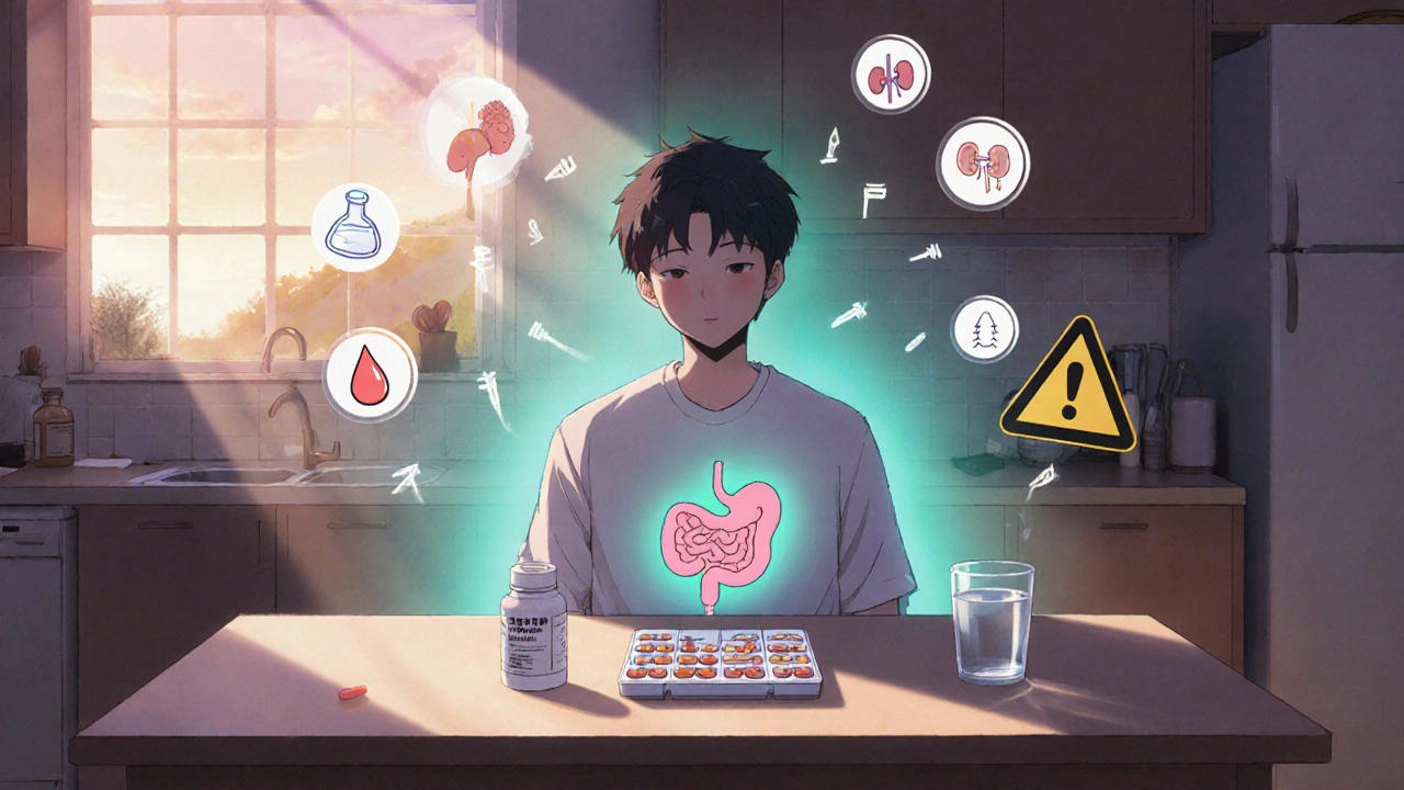Patient at kitchen table with aspirin, PPI bottle and a protective stomach glow.