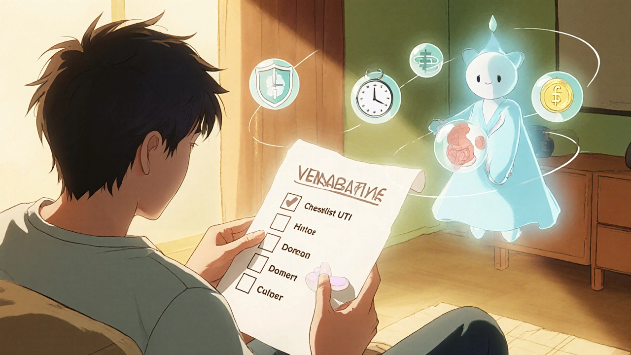 Patient reviews a checklist with icons for infection type, allergy, dosing, and cost, guided by a doctor spirit.