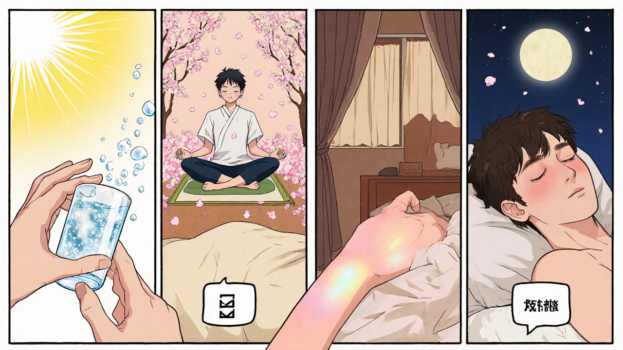 Person practices hydration, meditation, sleep, and gentle skincare.