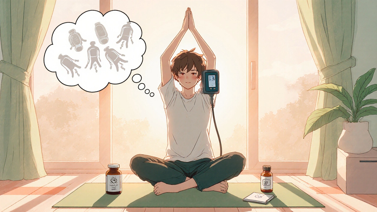 Person stretches at home with calcium supplements and blood pressure cuff, thinking about steroid choices.
