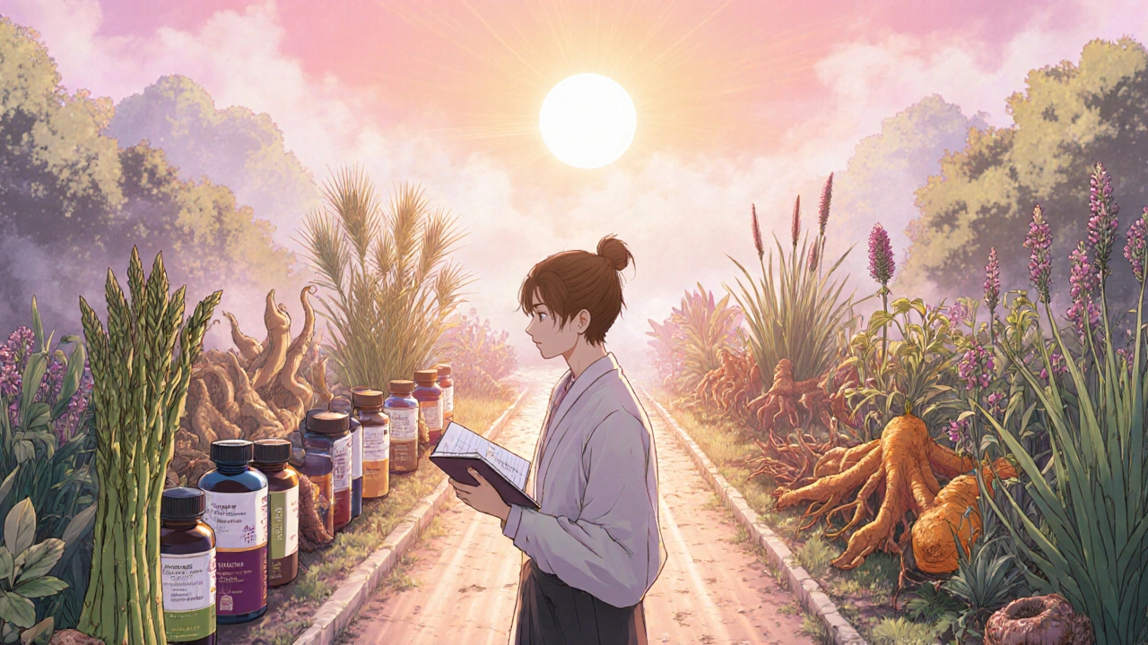 Protagonist at a garden forked path choosing between different herb‑based supplement routes.