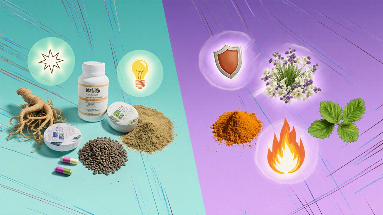 Side‑by‑side display of a multi‑herb supplement and individual herbal ingredients with subtle icons.
