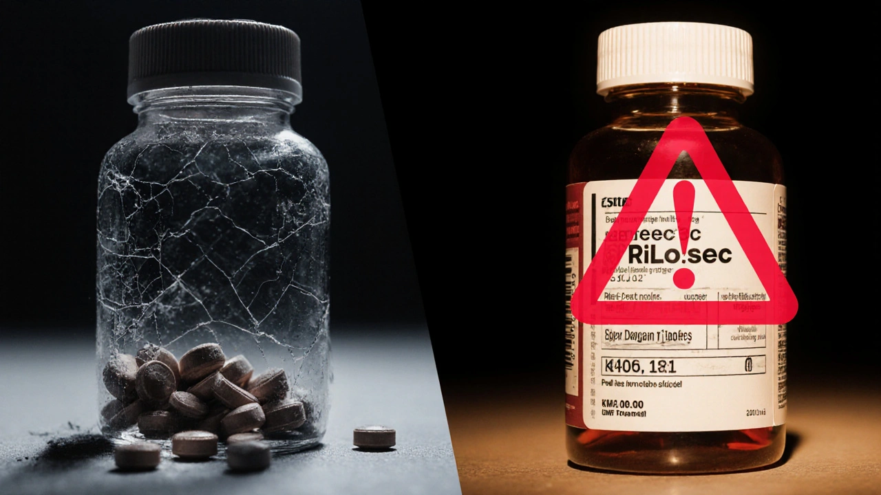 Side‑by‑side view of counterfeit pills versus authentic generic Prilosec with warning.