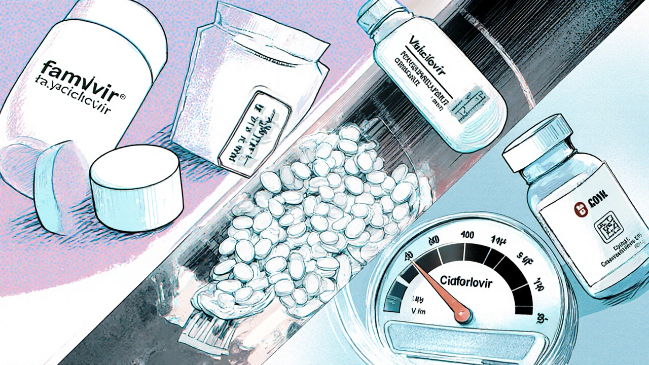 Six antiviral drugs displayed side by side with icons for dosing and side‑effect risk.