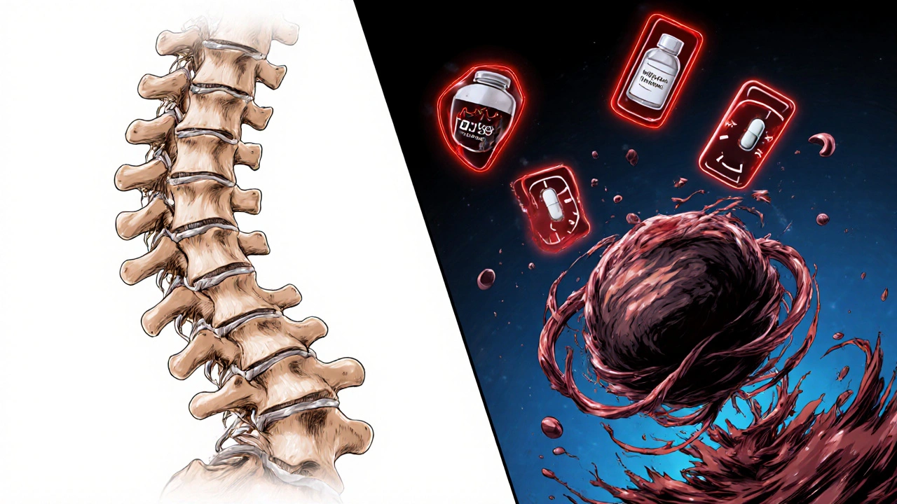 Split image: healthy spine vs. crushed spinal cord by hematoma, with anticoagulant pills floating nearby.