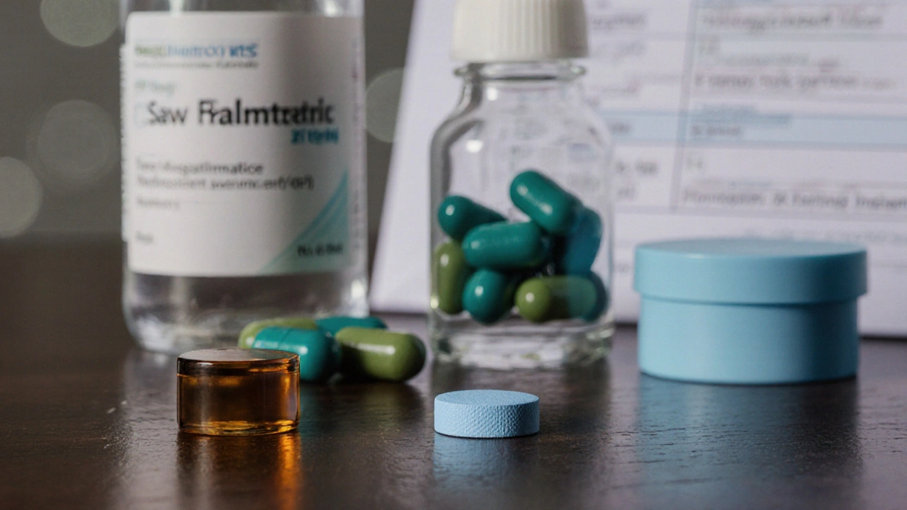 Still‑life of Avodart, finasteride, saw palmetto, minoxidil, and tamsulosin pills on a wooden table.