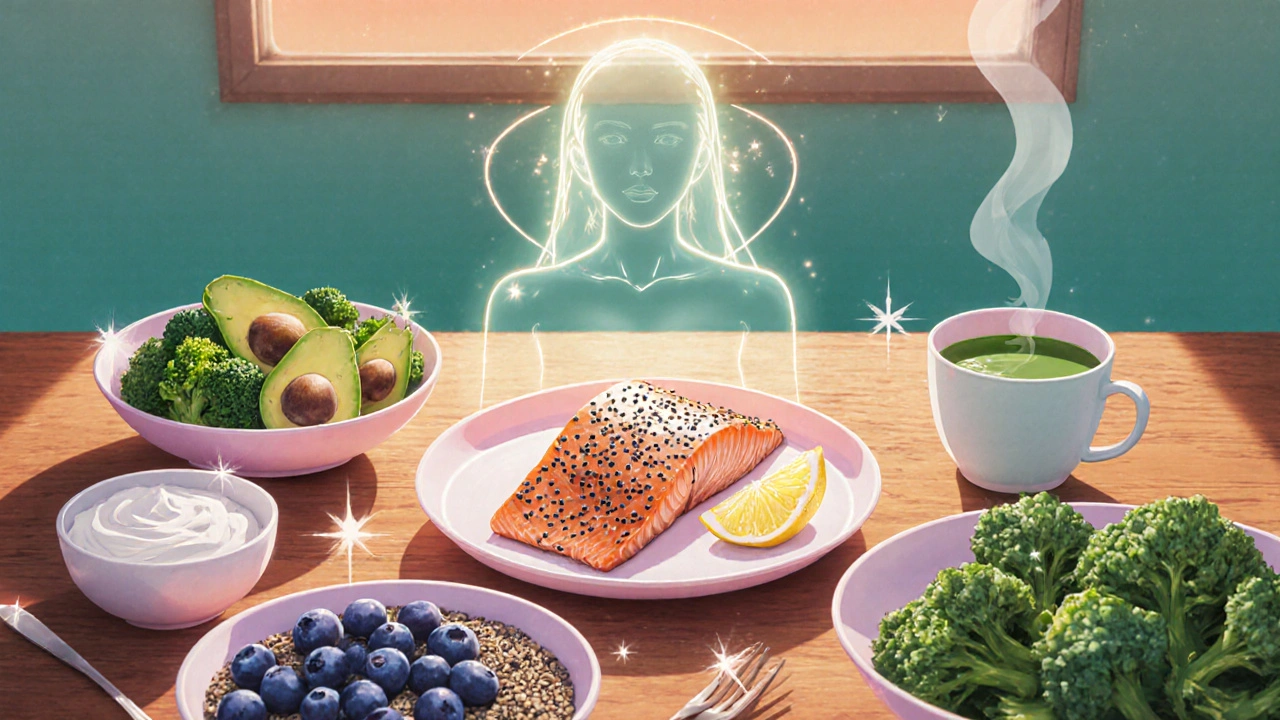 Table displays salmon, chia seeds, berries, yogurt, and green tea.