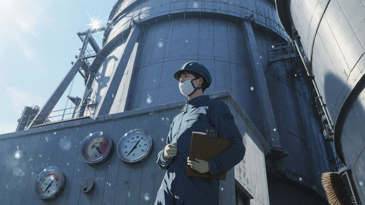 Technician inspecting cooling tower and hot‑water system with temperature gauges.