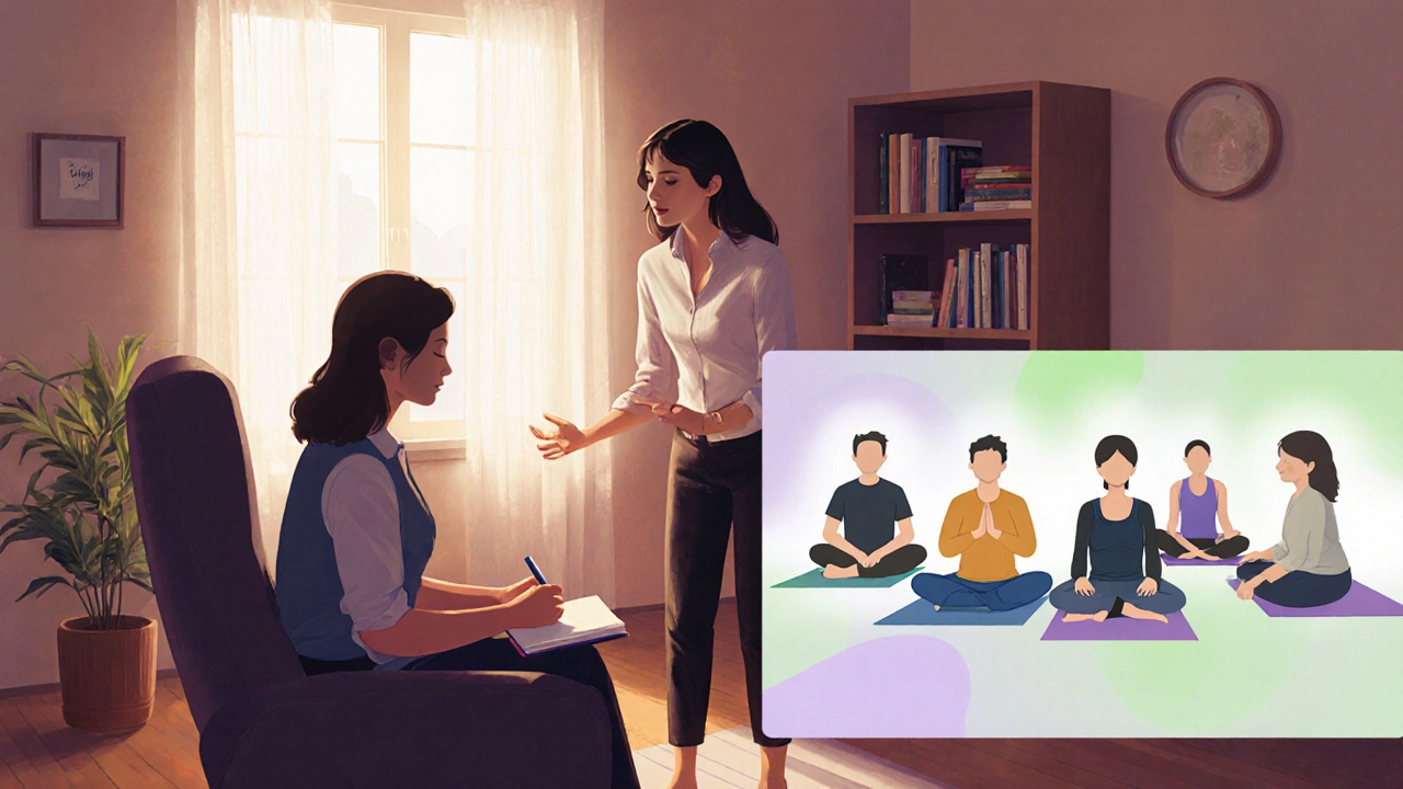 Therapist and patient in CBT session, plus group mindfulness meditation scene.