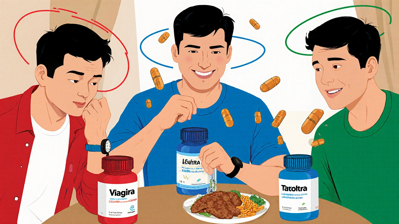 Three men comparing ED medications at a table, with food and clocks illustrating key differences.