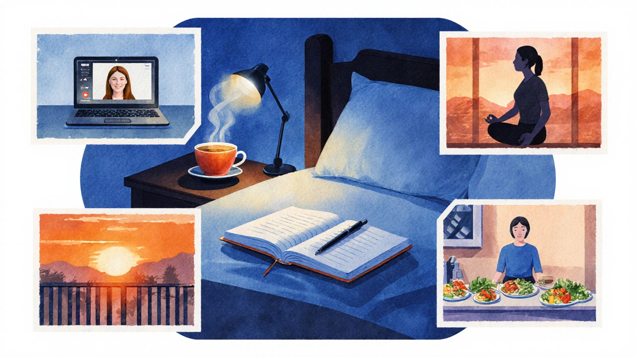 Watercolor collage of weekly self‑care routine: journaling, tele‑therapy, meditation, healthy cooking.