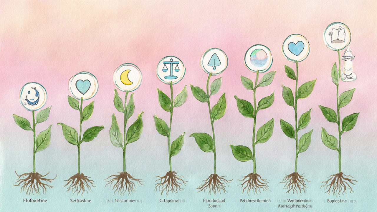 Watercolor garden of plants each symbolizing side effects of different antidepressants.