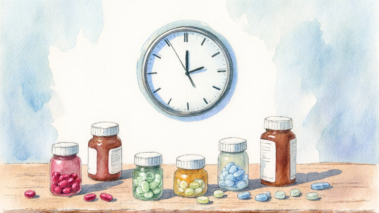 Watercolor tabletop with colorful pill bottles and loose pills, overlayed by a faint clock indicating dosing.