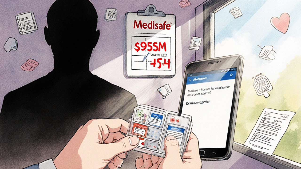 A hand places generic pills in an organizer as a smartphone reminds them to take medication.