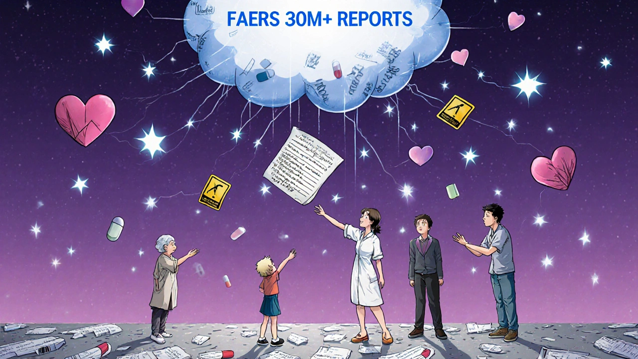 A handwritten report transforms into a chain of warning hearts rising into a massive FAERS database cloud.