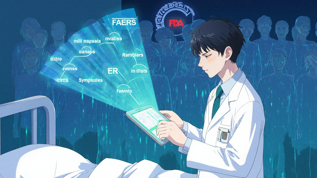 A healthcare provider analyzes adverse event data on a tablet, with patient symptom timelines projecting as holograms.