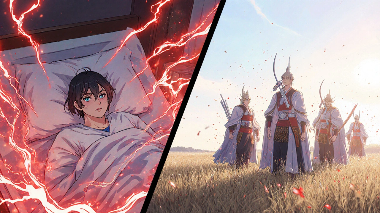 A patient transitions from cytokine storm chaos to healing, surrounded by warrior-like T cells in a sunlit field.