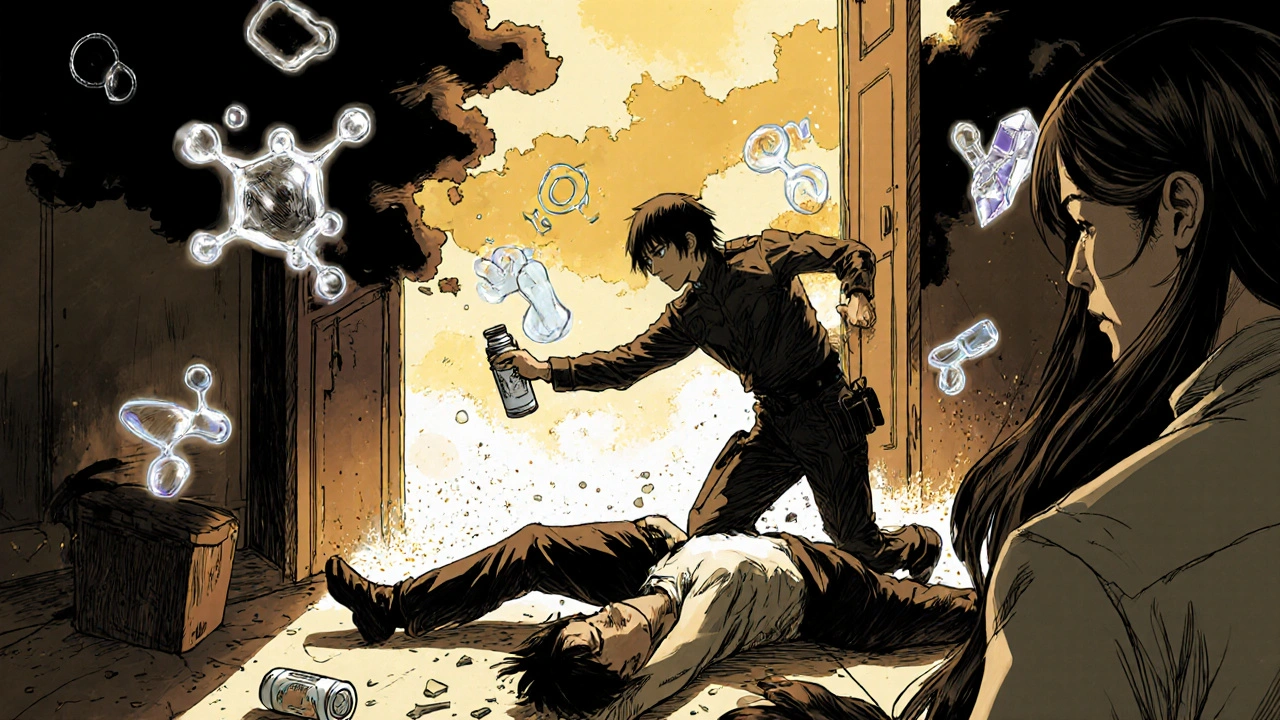 A person being saved with naloxone as paramedics arrive, floating drug symbols in the air.