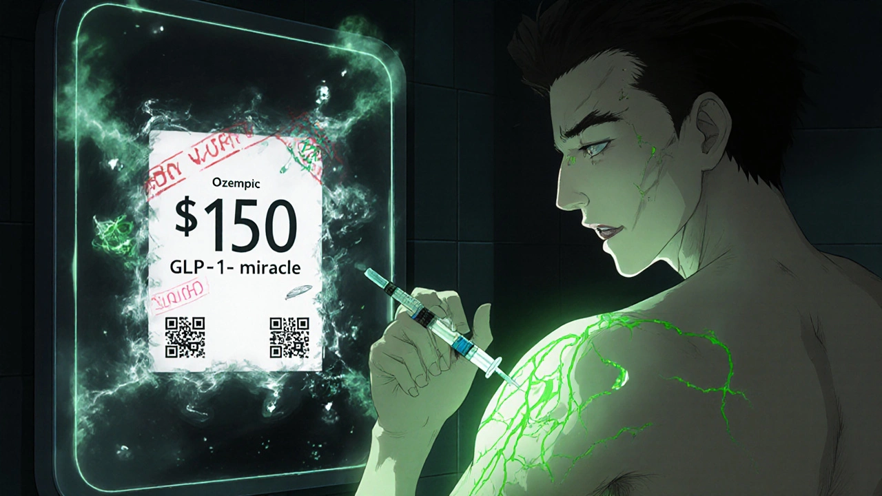 A person injects a counterfeit Ozempic pen, toxic fluid spreading under the skin while a fake Instagram ad glows in the mirror.