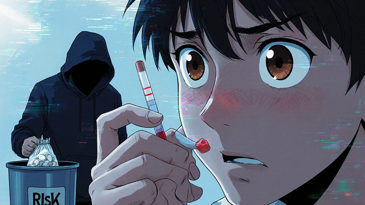 A young person staring at a fentanyl test strip showing one red line, eyes filled with fear.